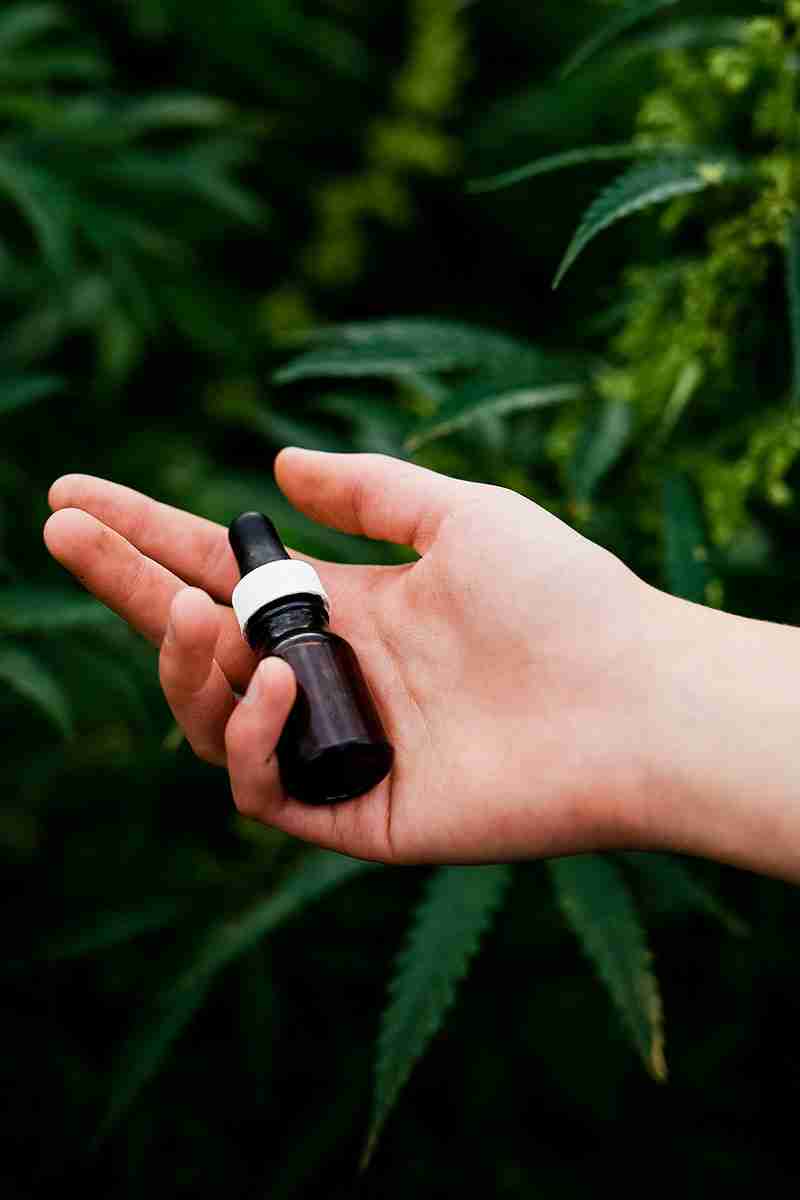 CBD Oil in Hand With Hemp Background